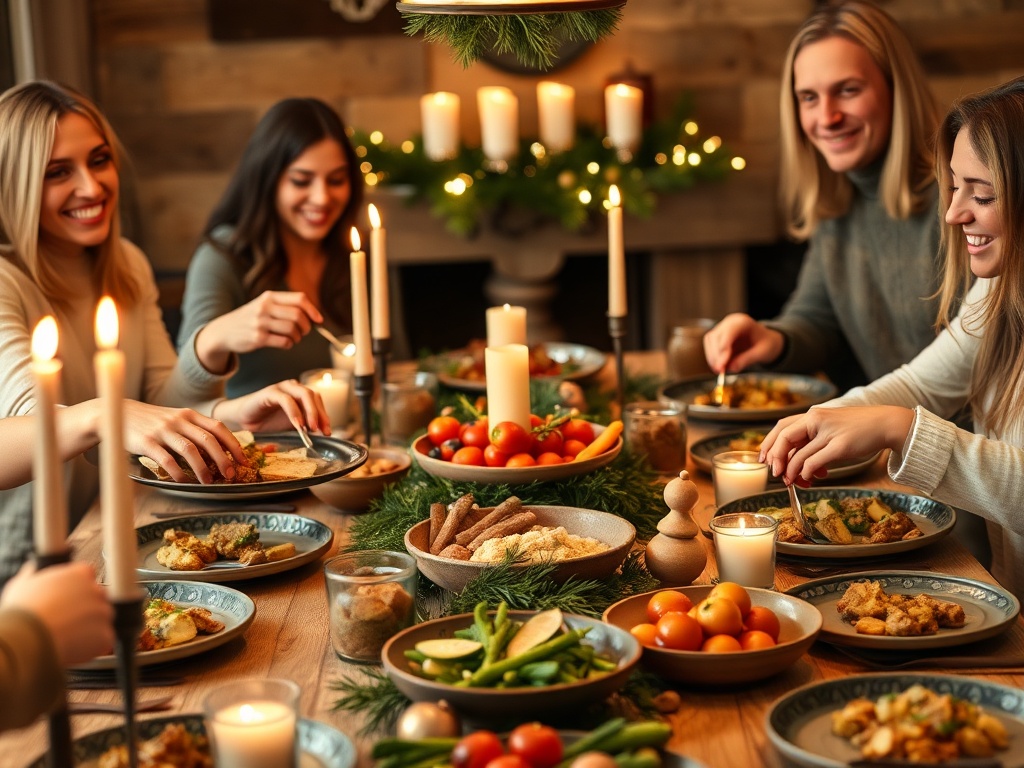 "cozy festive dinner table" "affordable elegant dishes" "hands arranging platters" "warm candlelight" "simple rustic decor" "joyful guests smiling"