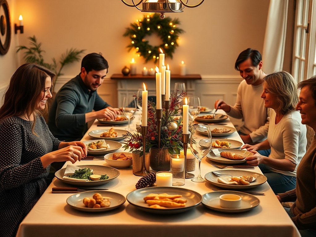 "Festive family dinner table" "Warm golden lighting" "Affordable elegant dishes on mismatched plates" "Simple centerpiece with candles and sprigs" "Casual happy guests serving food"