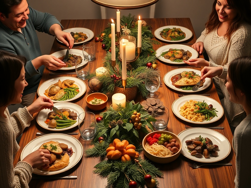 "cozy festive dinner table" "affordable elegant dishes" "hands arranging platters" "warm candlelight" "simple rustic decor" "joyful guests smiling"