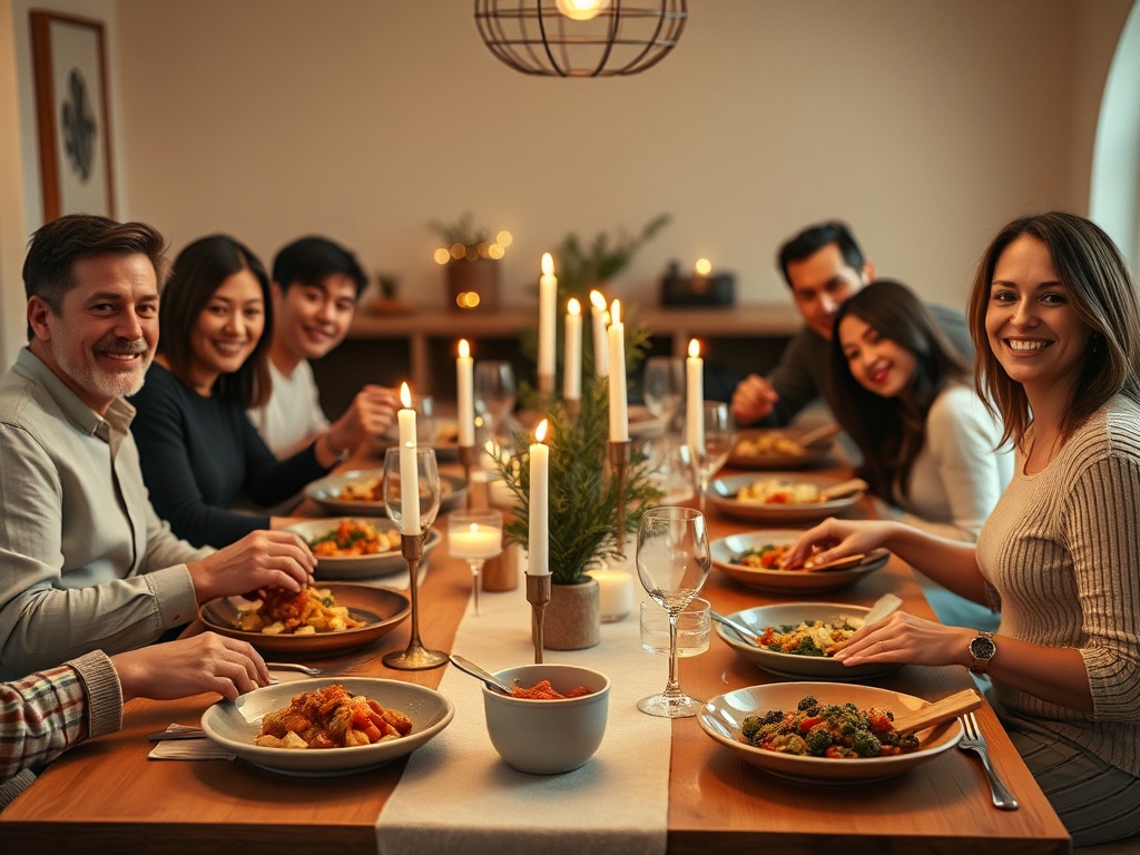 "Festive family dinner table" "Warm golden lighting" "Affordable elegant dishes on mismatched plates" "Simple centerpiece with candles and sprigs" "Casual happy guests serving food"