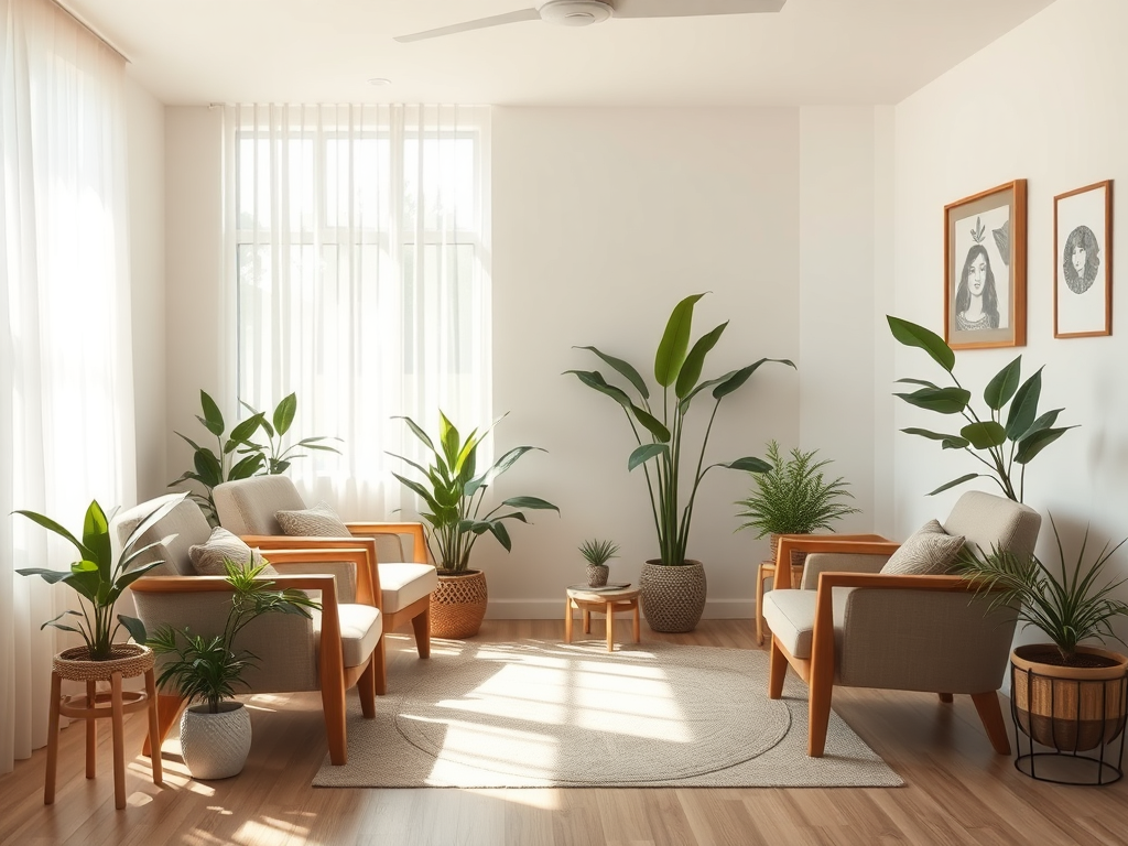 A serene, calming therapy room with soft natural light, cozy armchairs, peaceful plants, gentle colors, and a welcoming, hopeful atmosphere.