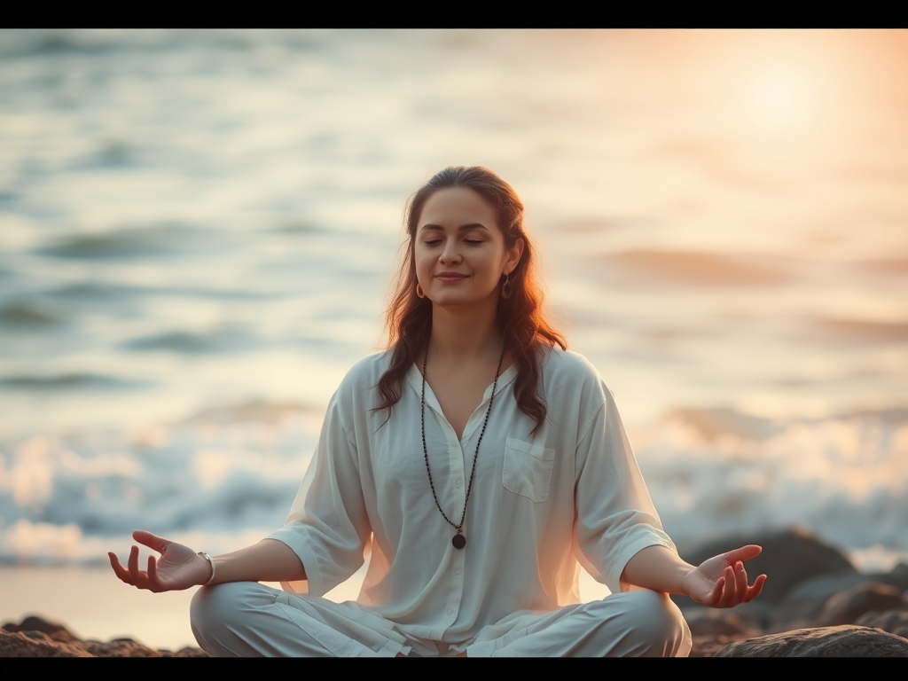 A serene person meditating calmly "soft glowing light" "peaceful nature background" "gentle waves" "calm expression" "subtle warm colors" "symbolic soothing tools like feathers and stones" "gentle breeze" "harmonious atmosphere"