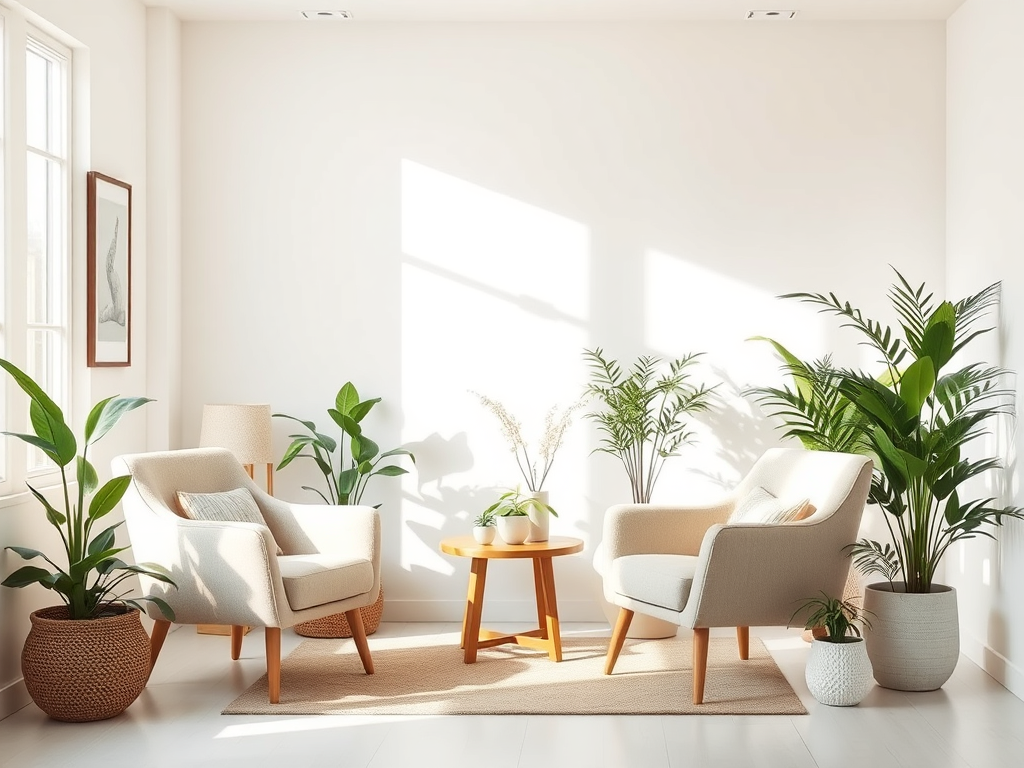 A serene, calming therapy room with soft natural light, cozy armchairs, peaceful plants, gentle colors, and a welcoming, hopeful atmosphere.