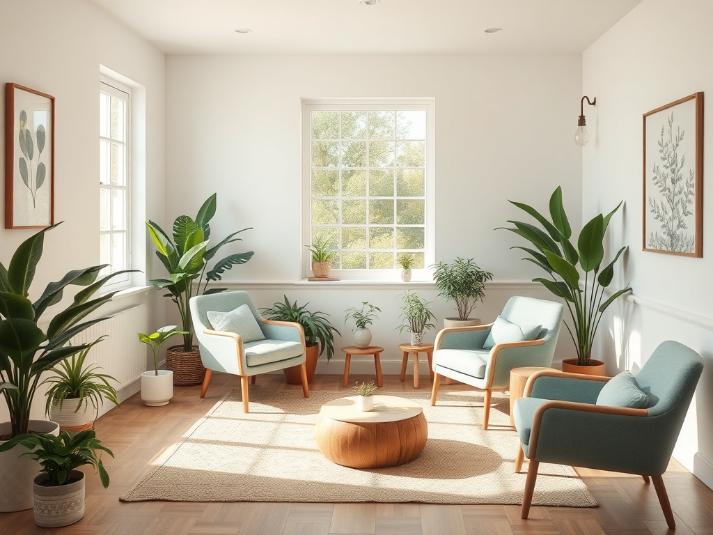 A serene, calming therapy room with soft natural light, cozy armchairs, peaceful plants, gentle colors, and a welcoming, hopeful atmosphere.