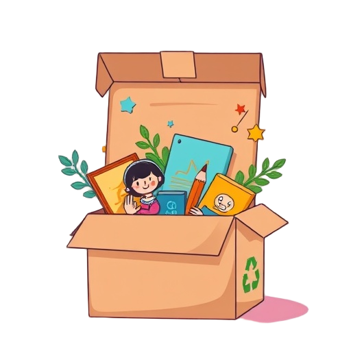 "Creatief voor jou" "Elke maand verrassend" "Gemak en kwaliteit" "Duurzaam en voordelig" create a friendly, vibrant box-open scene showing a monthly surprise DIY kit with colorful materials spilling out, cheerful hands assembling a project, subtle recycli