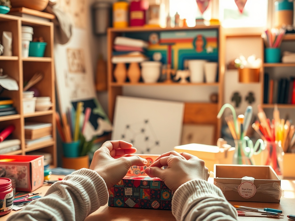 "A cozy, sunlit craft space showing hands assembling a colorful DIY project; shelves with materials, a sealed mystery box, warm inspiring atmosphere."