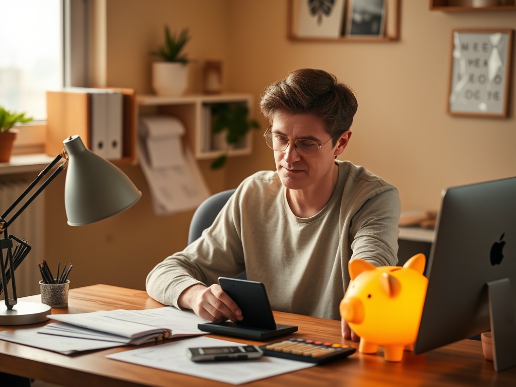 "a thoughtful freelancer working at a cozy desk" "documents and calculator nearby" "a glowing piggy bank symbolizing savings" "warm, inviting home office lighting" "calm and focused atmosphere"