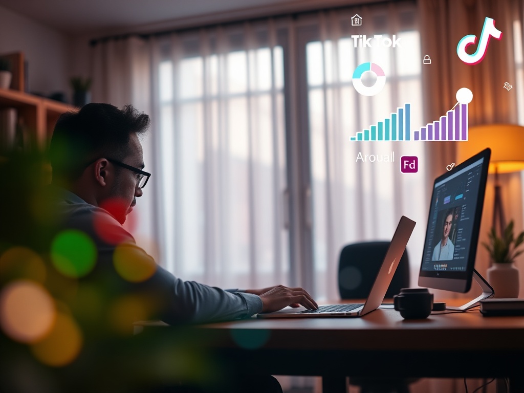 "A focused entrepreneur at laptop" "TikTok-style vibrant colors and motion blur" "Graphical charts and ad icons floating" "Cozy home office, warm lighting" "Friendly mentor silhouette on screen"