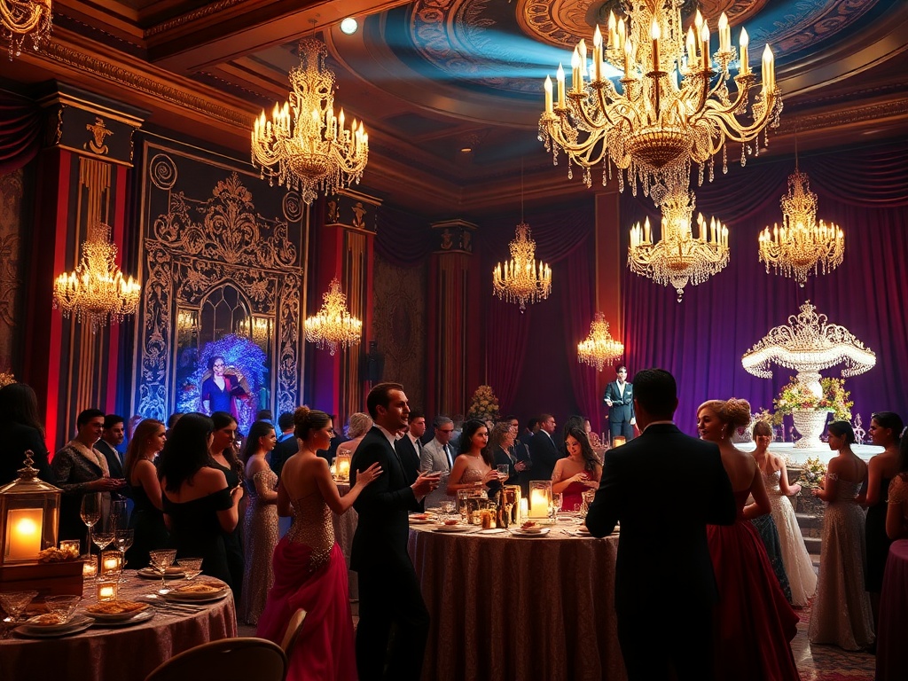 "a grand masquerade ball scene" "elegant guests in ornate masks and luxurious evening gowns" "intricate decorations with shimmering lights and magical ambiance" "chefs serving gourmet bite-sized dishes" "live performers dancing gracefully on a decorated s