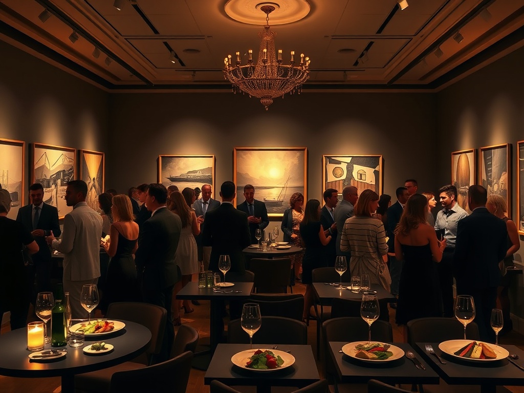 An elegant evening event with "people in stylish attire mingling" surrounded by "modern fine art paintings" in a "dimly lit gallery" with "gourmet dishes elegantly plated" on sleek tables, evoking "a warm, intimate atmosphere" and "inspired conversations.