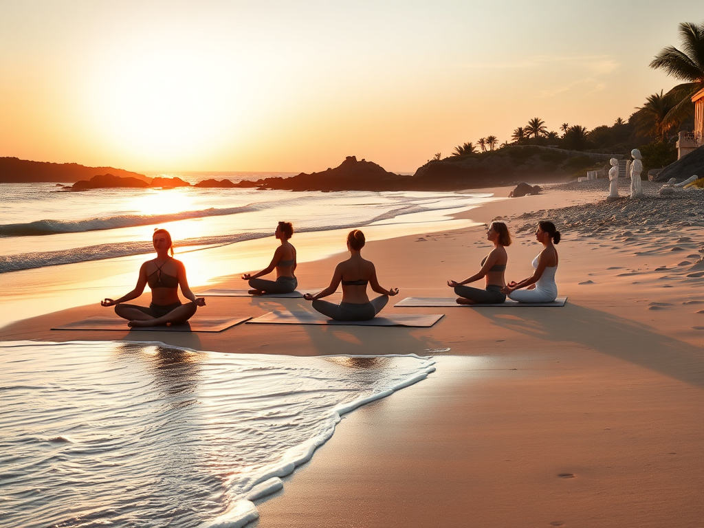 A serene coastal yoga retreat at sunrise, "gentle waves" lapping a "sandy beach," "calm meditators" in peaceful poses, surrounded by "soft golden light," "artistic sculptures" nearby.