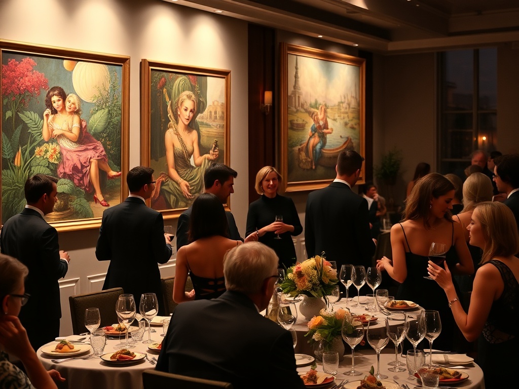 A sophisticated evening event with elegant guests in formal attire, surrounded by vibrant fine art paintings, engaging in animated conversations, soft ambient lighting, and a luxurious dining setup with gourmet dishes and wine glasses.