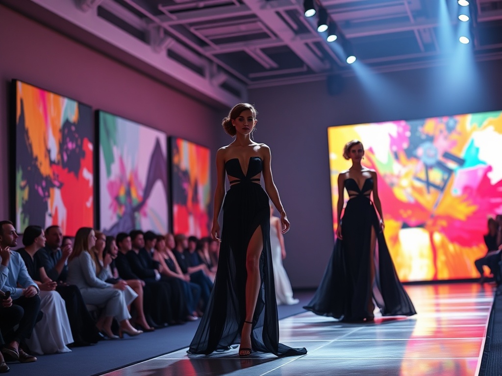 "Elegant fashion runway" "models wearing avant-garde dresses" "surrounded by vibrant abstract paintings" "soft, colorful lighting" "audience captivated" "atmosphere of creativity and style" "artistic fusion of fashion and art"