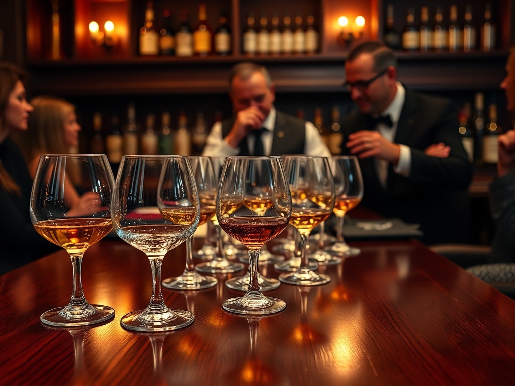 A sophisticated whiskey tasting setting, "elegant glassware" on a polished wooden table, "dim warm lighting," "rare whiskey bottles" in the background, "an expert guiding guests," "luxurious, intimate atmosphere."
