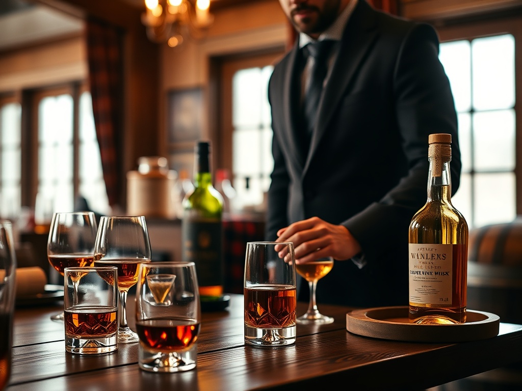 "luxurious whisky tasting setting" "elegant glasses filled with amber whisky" "rich wooden table with rare whisky bottles" "gentle warm lighting creating intimate atmosphere" "sophisticated man guiding tasting experience" "subtle Scottish elements like ta
