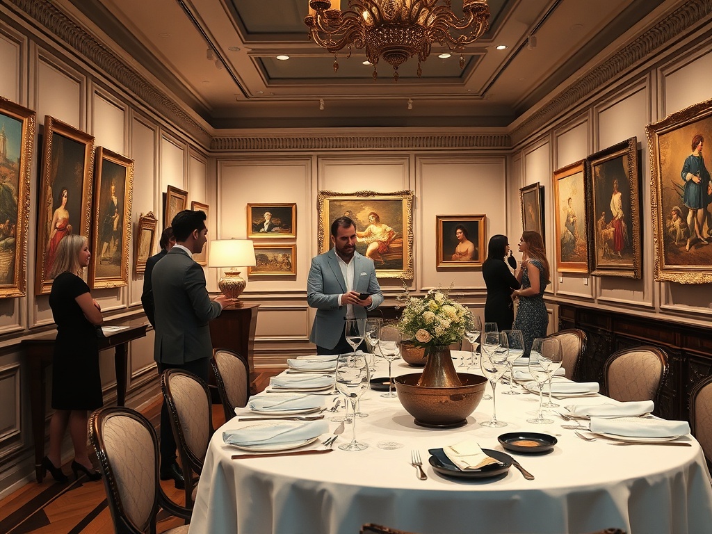 "Elegant art gallery" "Entrepreneurs networking" "Expert explaining art investment" "Gourmet dining table" "Masterpieces on walls" "Sophisticated, inspiring atmosphere" "People engaging, connecting"