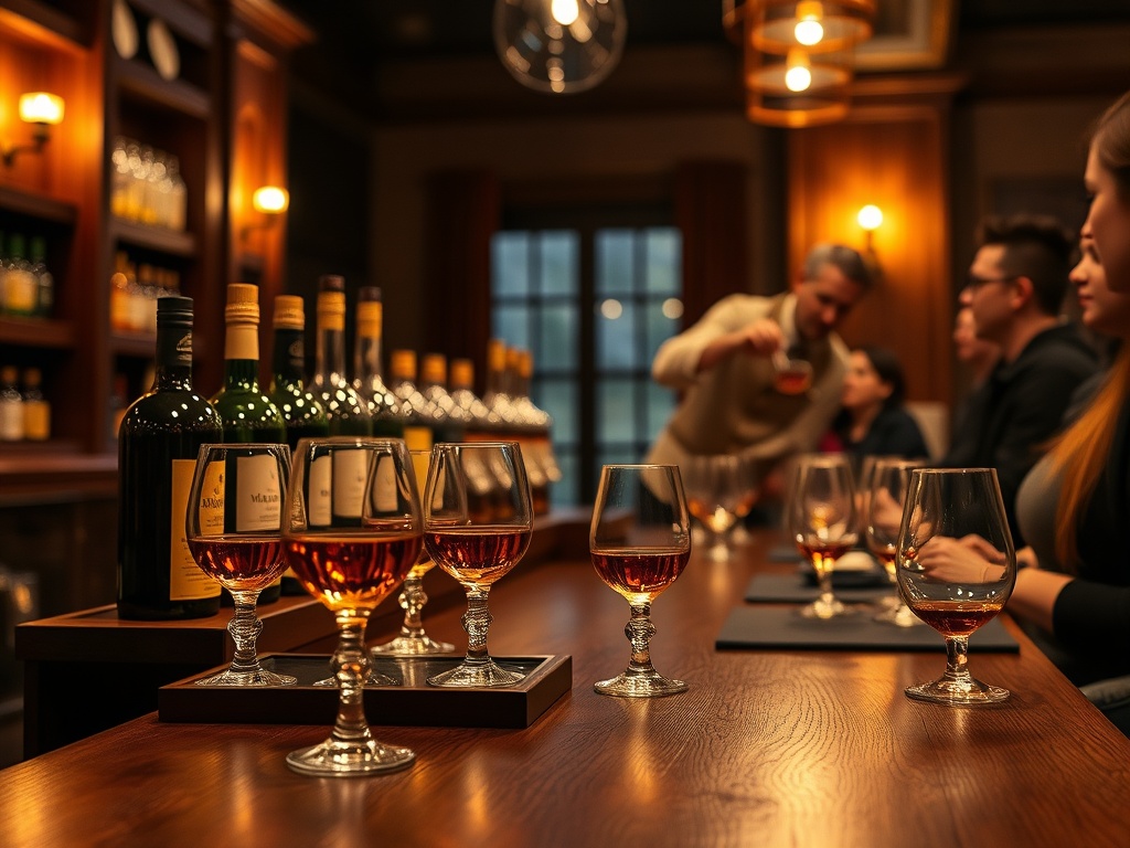 A cozy, elegant whisky tasting room with "glowing amber whisky glasses" on a wooden table, "bottles of rare whisky" lined up, and "an expert pouring whisky" for attentive guests.