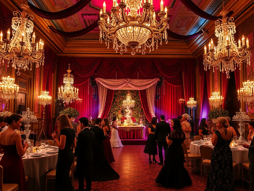 "a grand masquerade ball scene" "elegant guests in ornate masks and luxurious evening gowns" "intricate decorations with shimmering lights and magical ambiance" "chefs serving gourmet bite-sized dishes" "live performers dancing gracefully on a decorated s