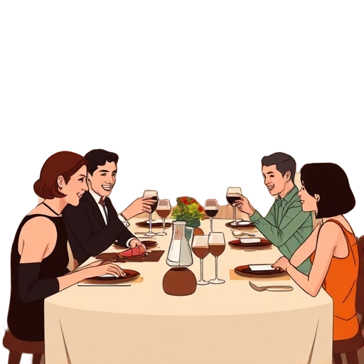 "Elegant dinner" "art pieces" "networking people" "stylish table" "warm lighting" "abstract paintings" "glasses clinking" "smiling faces" "modern decor"