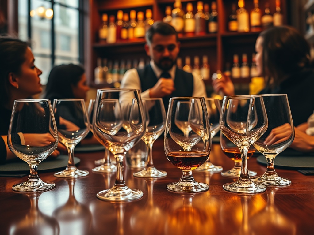 A sophisticated whiskey tasting setting, "elegant glassware" on a polished wooden table, "dim warm lighting," "rare whiskey bottles" in the background, "an expert guiding guests," "luxurious, intimate atmosphere."