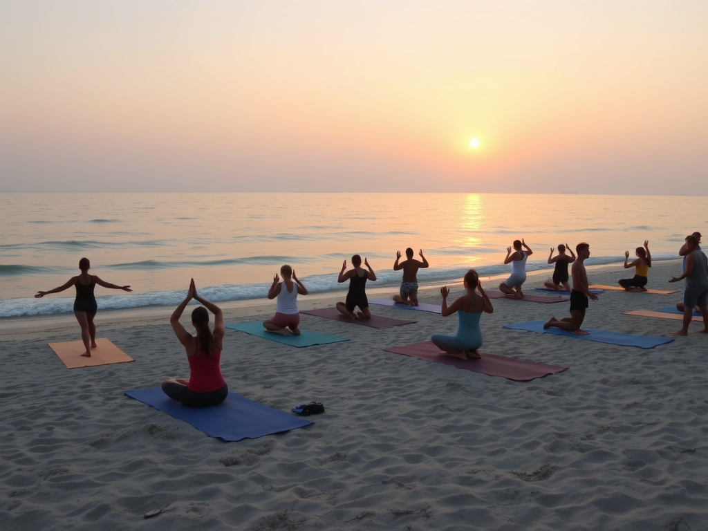 "a serene beach at sunrise" "people practicing gentle yoga on soft sand" "a calm sea with gentle waves" "soft pastel sky blending with water" "meditative poses in harmony with nature" "luxurious, peaceful atmosphere" "all ages and diverse participants"