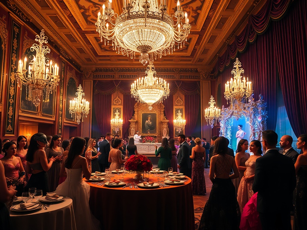 "a grand masquerade ball scene" "elegant guests in ornate masks and luxurious evening gowns" "intricate decorations with shimmering lights and magical ambiance" "chefs serving gourmet bite-sized dishes" "live performers dancing gracefully on a decorated s