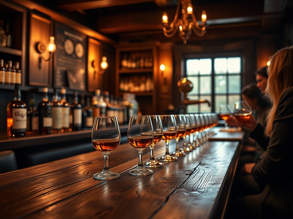 A cozy, elegant whisky tasting room with "glowing amber whisky glasses" on a wooden table, "bottles of rare whisky" lined up, and "an expert pouring whisky" for attentive guests.