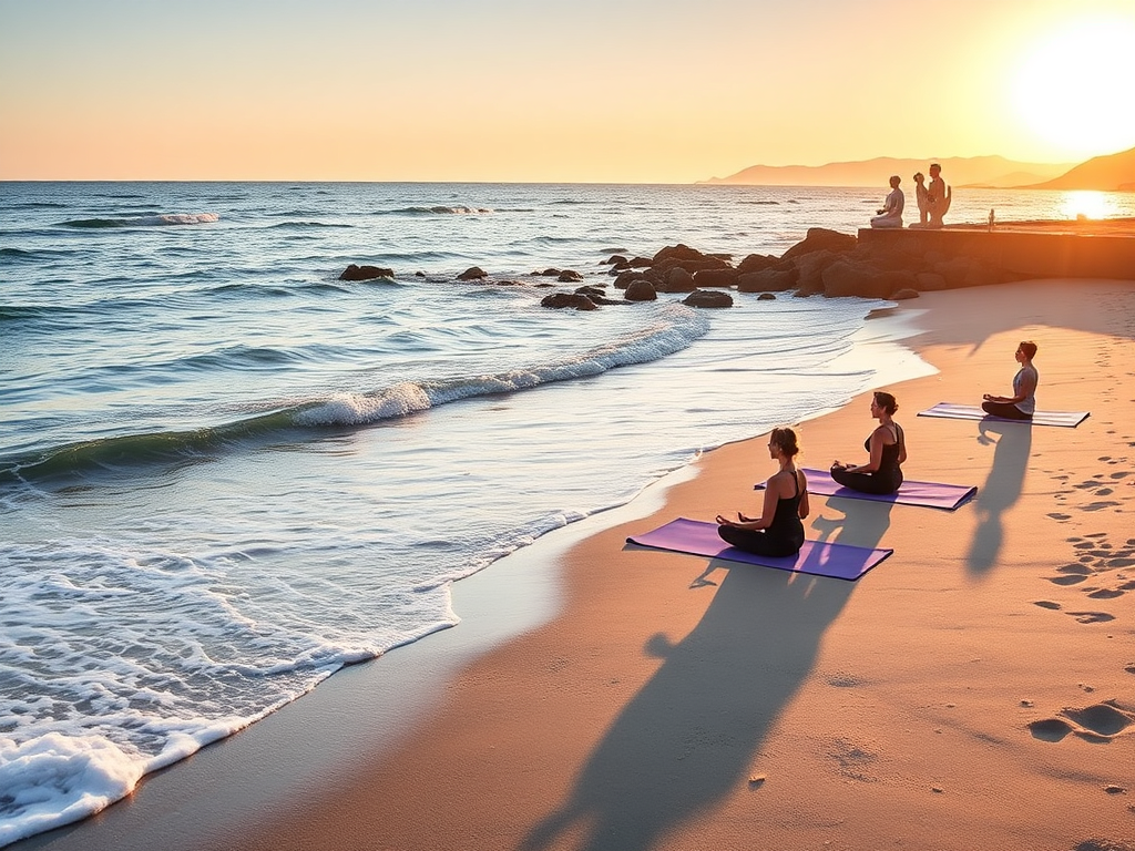 A serene coastal yoga retreat at sunrise, "gentle waves" lapping a "sandy beach," "calm meditators" in peaceful poses, surrounded by "soft golden light," "artistic sculptures" nearby.