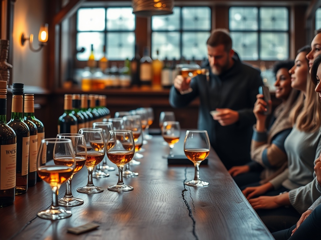 A cozy, elegant whisky tasting room with "glowing amber whisky glasses" on a wooden table, "bottles of rare whisky" lined up, and "an expert pouring whisky" for attentive guests.