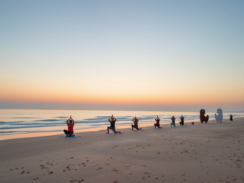 A serene beach at sunrise, "yoga practitioners in calm poses on sand," "gentle waves lapping shore," "soft pastel sky," "scattered abstract sculptures blending with nature," "peaceful, balanced atmosphere."