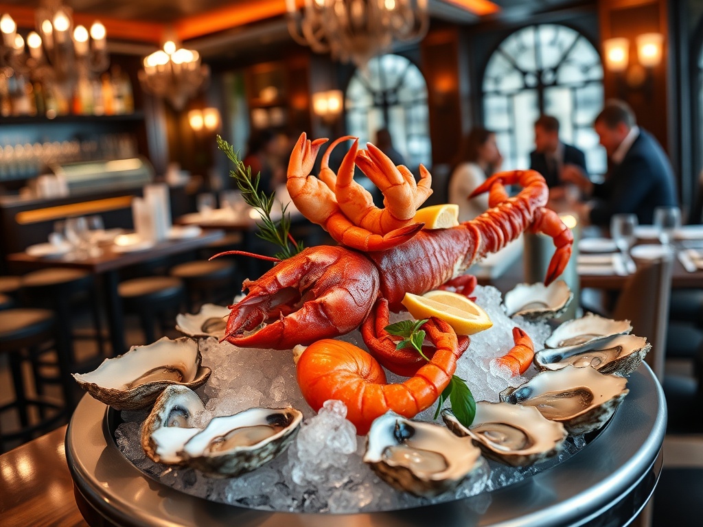 "elegant oyster bar" "fresh oysters on ice" "artistic seafood platter with lobster, crab, shrimp" "refined, cozy ambiance" "soft lighting" "ocean-inspired decor" "guests enjoying gourmet experience"