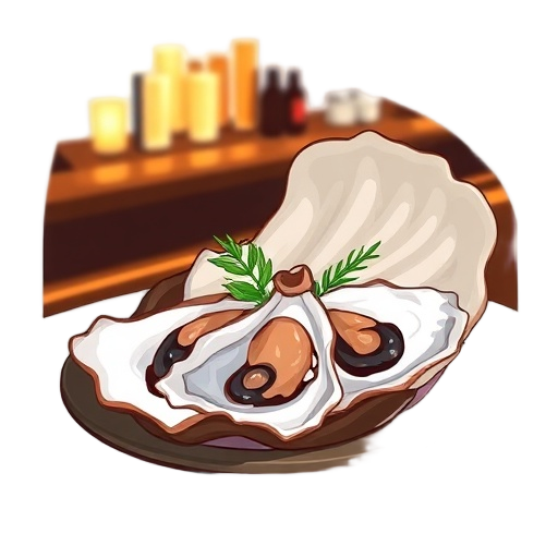"oyster shell" "seafood platter" "artistic garnish" "stylish bar" "dim lighting" "fresh oysters"