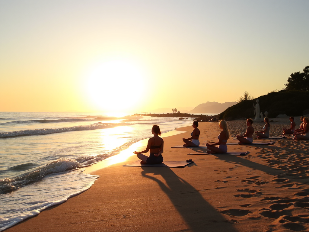A serene coastal yoga retreat at sunrise, "gentle waves" lapping a "sandy beach," "calm meditators" in peaceful poses, surrounded by "soft golden light," "artistic sculptures" nearby.
