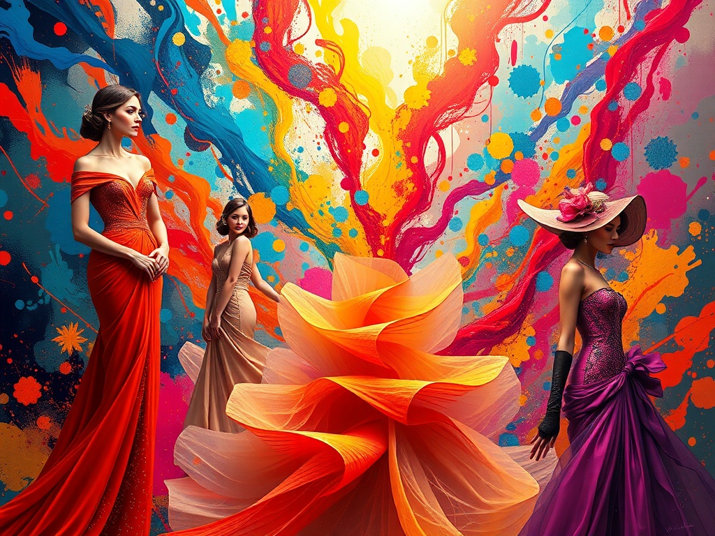 A surreal fusion of fine art and fashion, "elegant female models" in "vibrant haute couture" amidst "abstract colorful backgrounds," evoking "sensory wonder and inspiration."