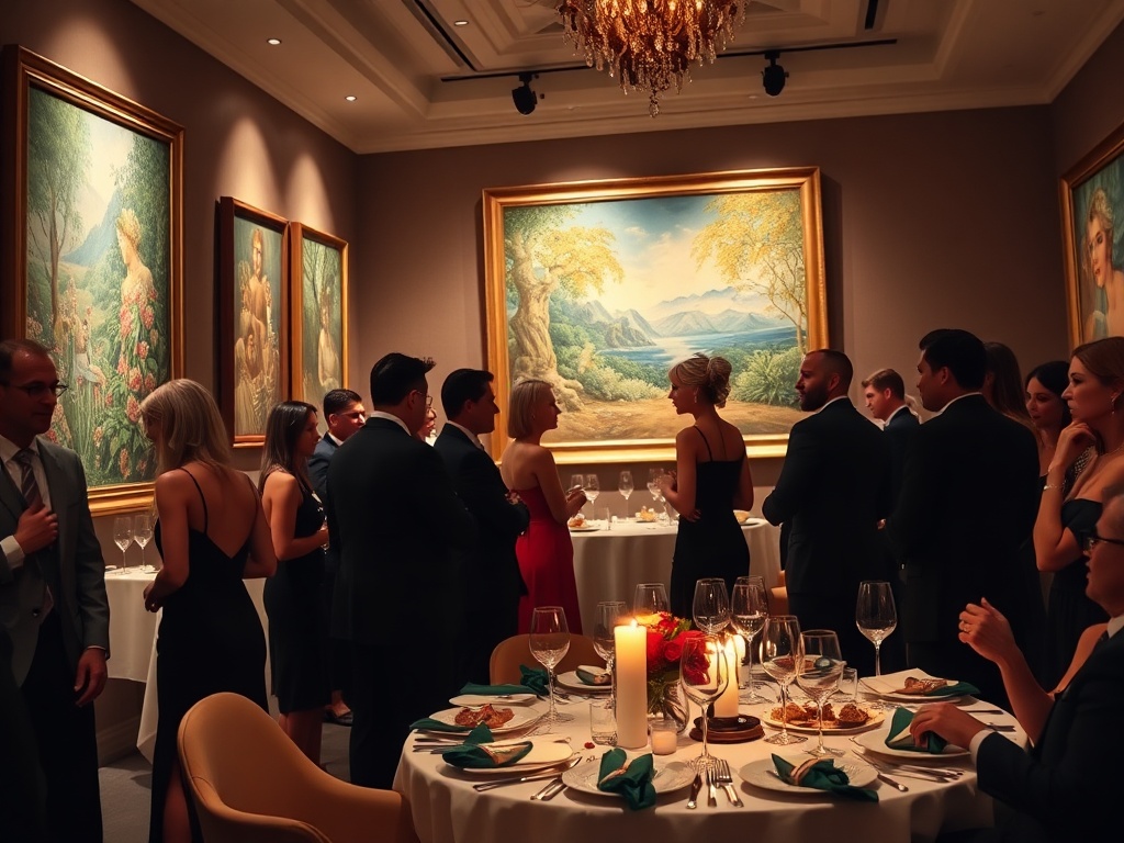 A sophisticated evening event with elegant guests in formal attire, surrounded by vibrant fine art paintings, engaging in animated conversations, soft ambient lighting, and a luxurious dining setup with gourmet dishes and wine glasses.