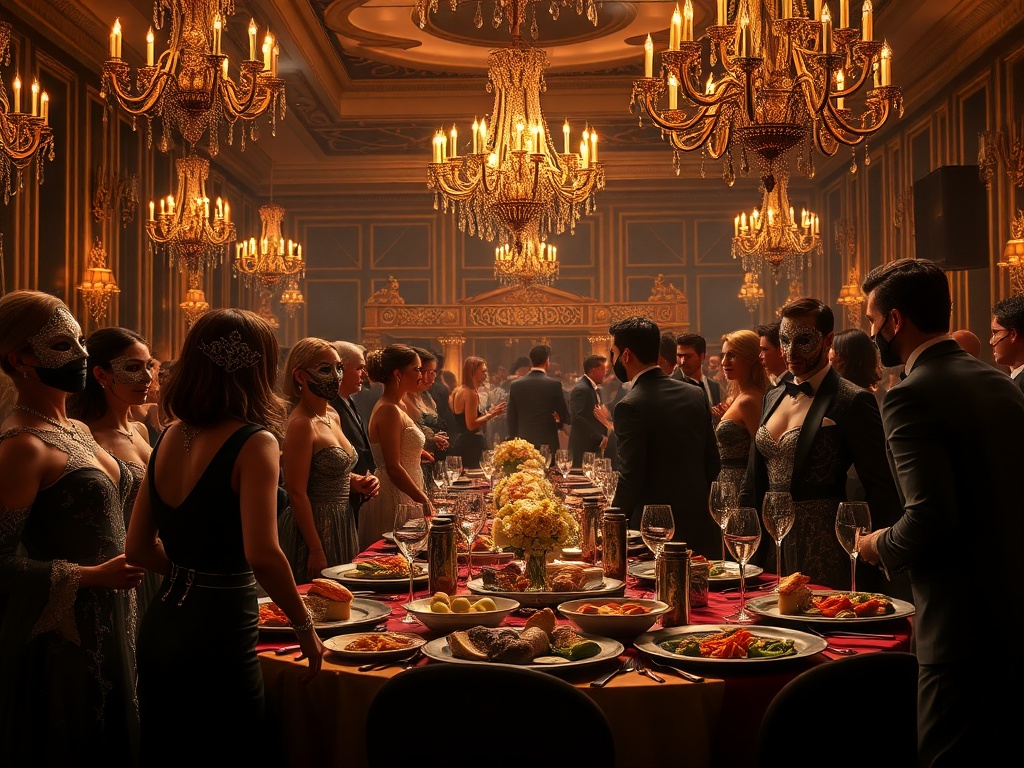 A glamorous masked ball scene, "elegantly dressed guests in ornate masks," "dim, warm lighting with golden accents," "luxurious decorations and chandeliers," "live performers dancing gracefully," "a lavish table with exquisite gourmet dishes," "an enchant