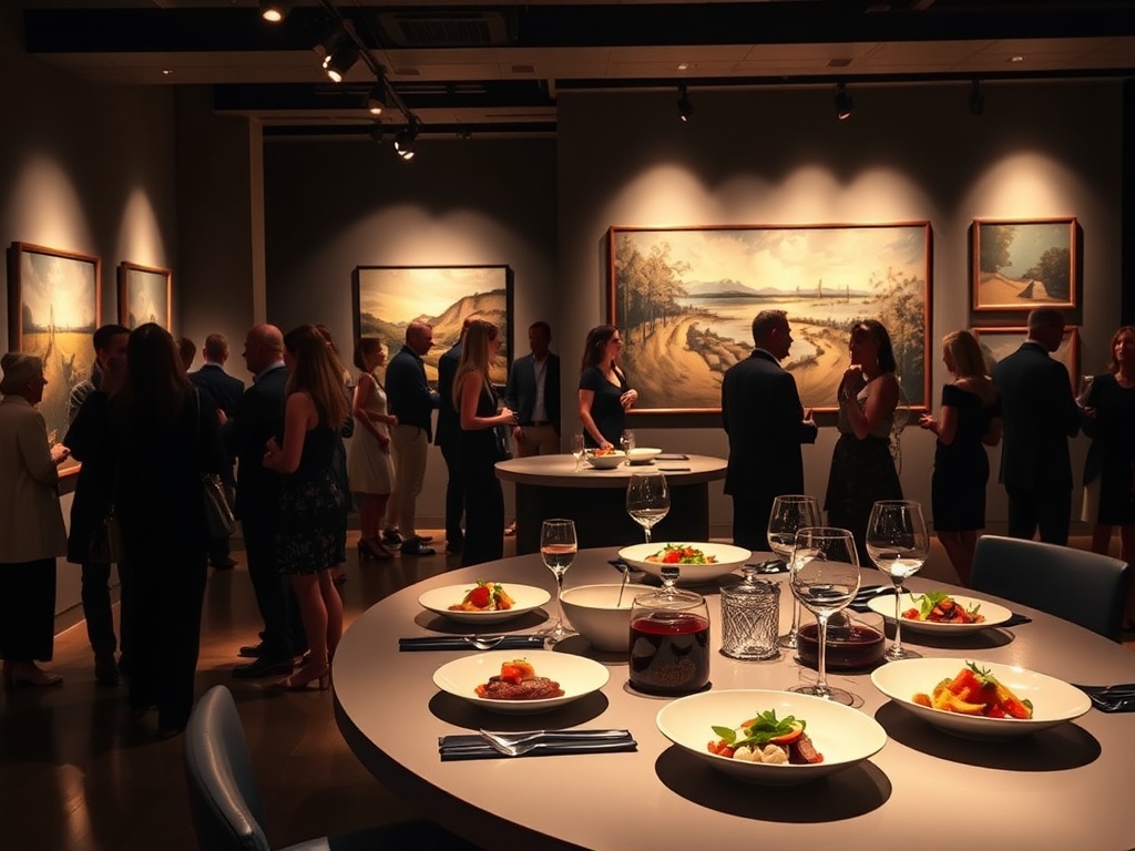 An elegant evening event with "people in stylish attire mingling" surrounded by "modern fine art paintings" in a "dimly lit gallery" with "gourmet dishes elegantly plated" on sleek tables, evoking "a warm, intimate atmosphere" and "inspired conversations.