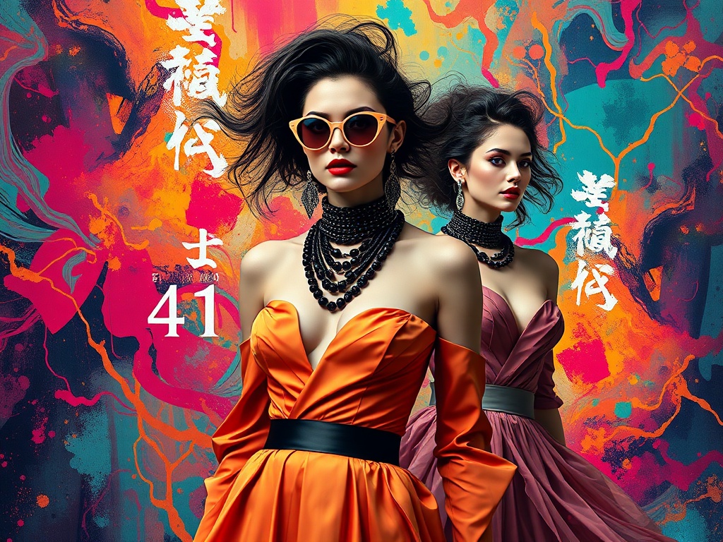 A surreal fusion of fine art and fashion, "elegant female models" in "vibrant haute couture" amidst "abstract colorful backgrounds," evoking "sensory wonder and inspiration."