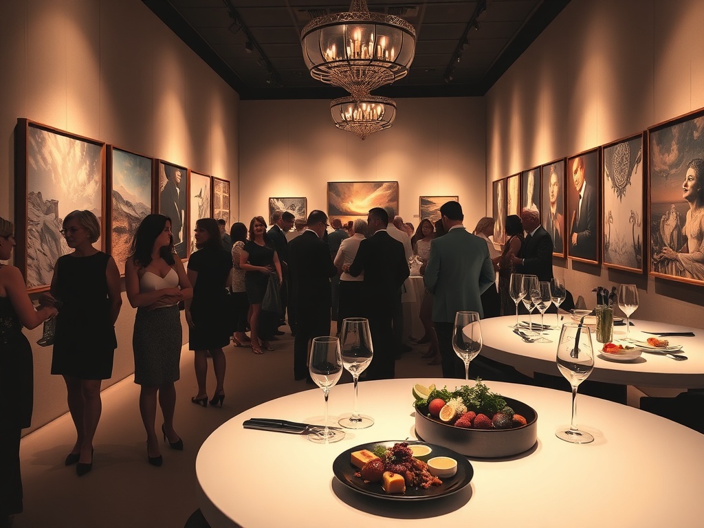An elegant evening event with "people in stylish attire mingling" surrounded by "modern fine art paintings" in a "dimly lit gallery" with "gourmet dishes elegantly plated" on sleek tables, evoking "a warm, intimate atmosphere" and "inspired conversations.