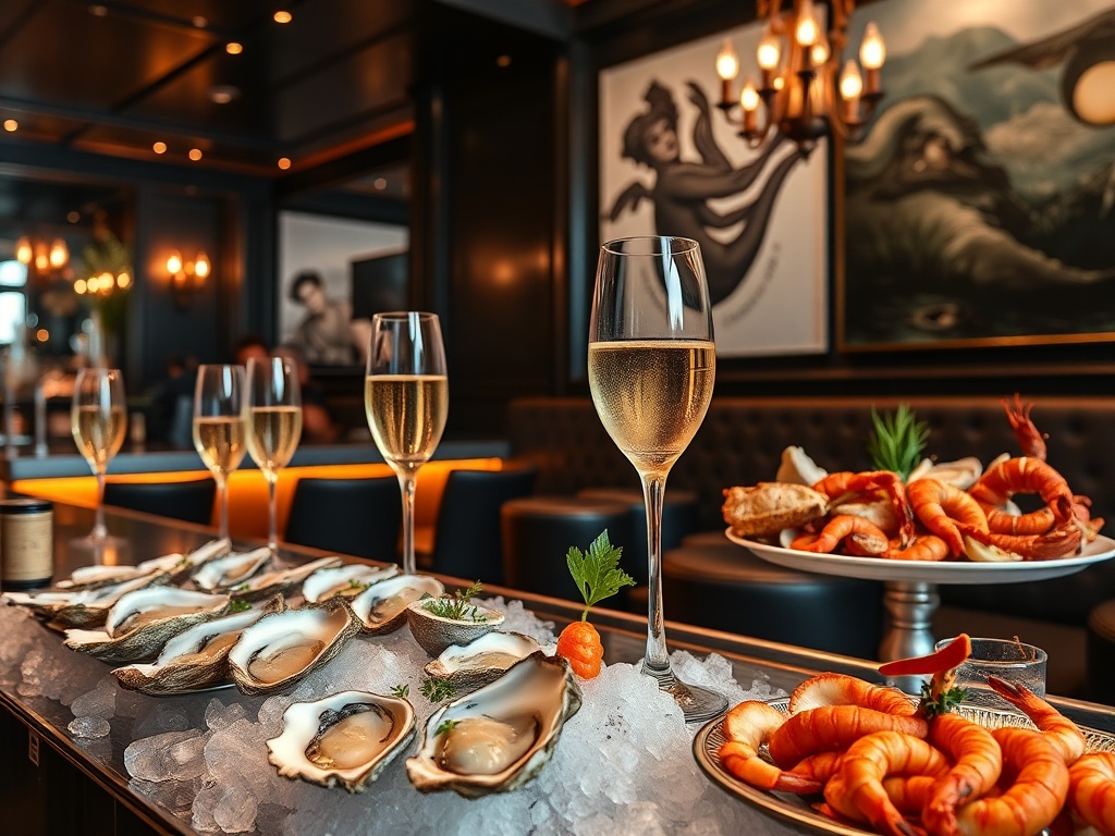 "stylish oyster bar interior" "fresh oysters on ice with vinaigrette" "elegant champagne glasses" "platter of lobster, crab, shrimp" "artistic seafood presentation" "warm, inviting lighting" "live performance ambiance" "modern art decor" "cozy, social atm