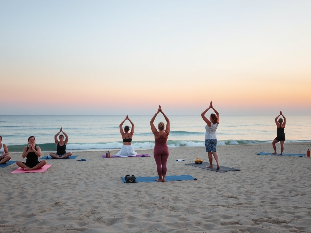 "a serene beach at sunrise" "people practicing gentle yoga on soft sand" "a calm sea with gentle waves" "soft pastel sky blending with water" "meditative poses in harmony with nature" "luxurious, peaceful atmosphere" "all ages and diverse participants"