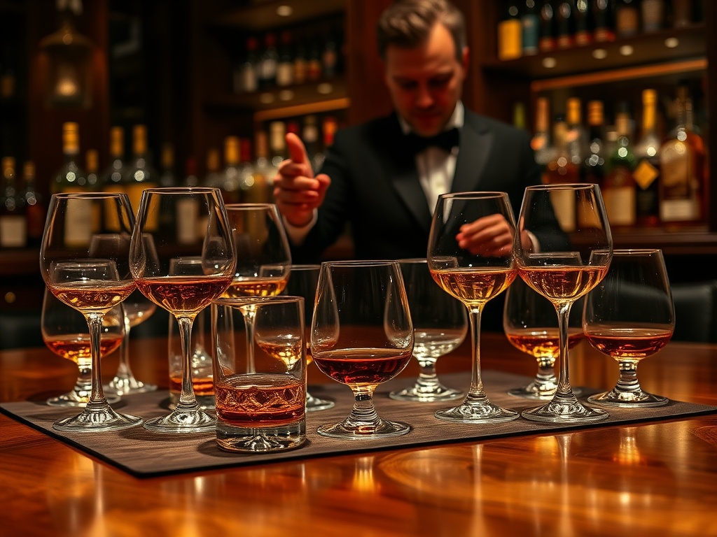 A sophisticated whiskey tasting setting, "elegant glassware" on a polished wooden table, "dim warm lighting," "rare whiskey bottles" in the background, "an expert guiding guests," "luxurious, intimate atmosphere."
