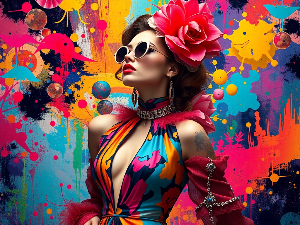 A surreal fusion of fine art and fashion, "elegant female models" in "vibrant haute couture" amidst "abstract colorful backgrounds," evoking "sensory wonder and inspiration."