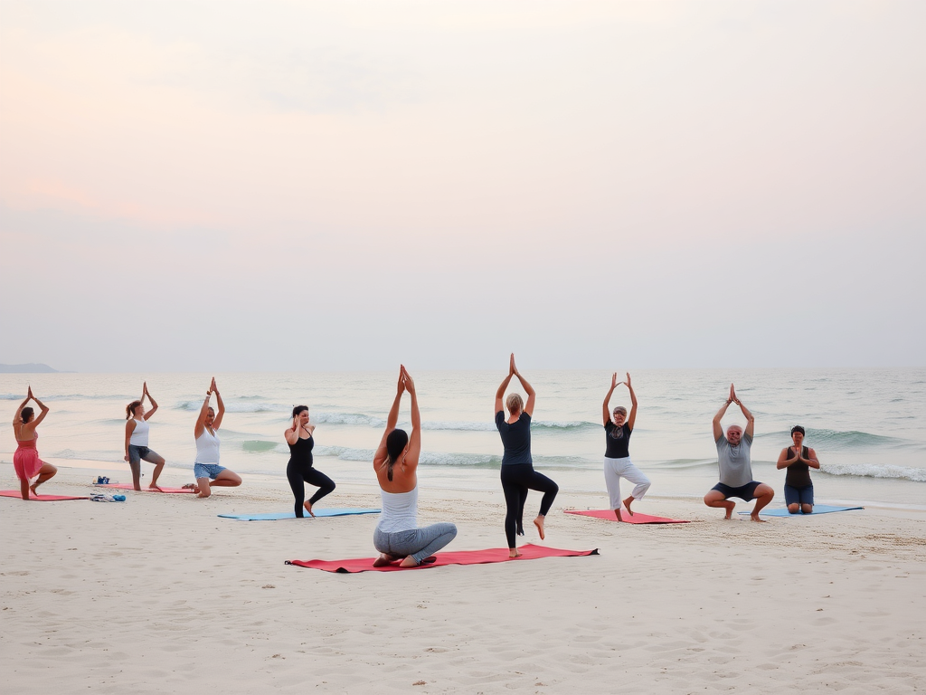 "a serene beach at sunrise" "people practicing gentle yoga on soft sand" "a calm sea with gentle waves" "soft pastel sky blending with water" "meditative poses in harmony with nature" "luxurious, peaceful atmosphere" "all ages and diverse participants"