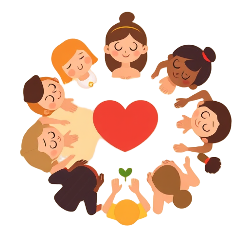 "circle of people" "holding hands" "heart center" "warm colors" "calm faces" "meditation pose" "speech bubbles" "zoom screen" "growth plant"