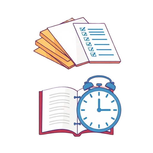 \"three stacked cards\" \"open booklet with checklist\" \"clock showing 20 minutes\" "