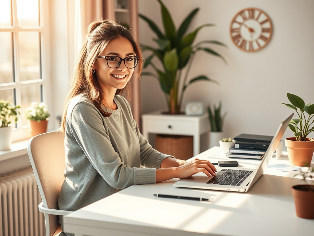 A confident woman working from home at a bright desk, laptop open, surrounded by cozy decor, warm sunlight streaming through a window, plants nearby.