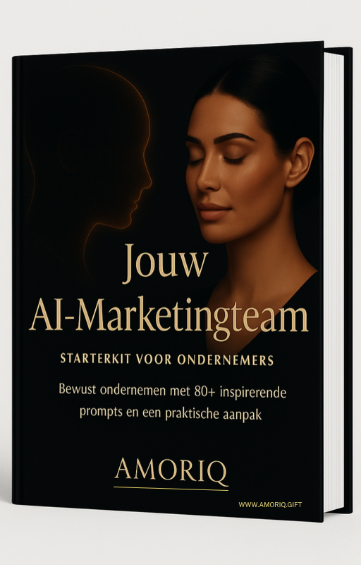 Omslag van eBook ‘Jouw AI-Marketingteam – Starterkit voor Ondernemers’ met 80+ prompts voor ChatGPT, gemaakt door Amoriq