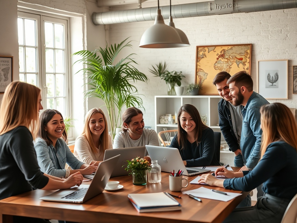 A diverse group of happy entrepreneurs sharing ideas around a cozy workspace, warm natural light, laptops and notebooks open, relaxed and inspired atmosphere.