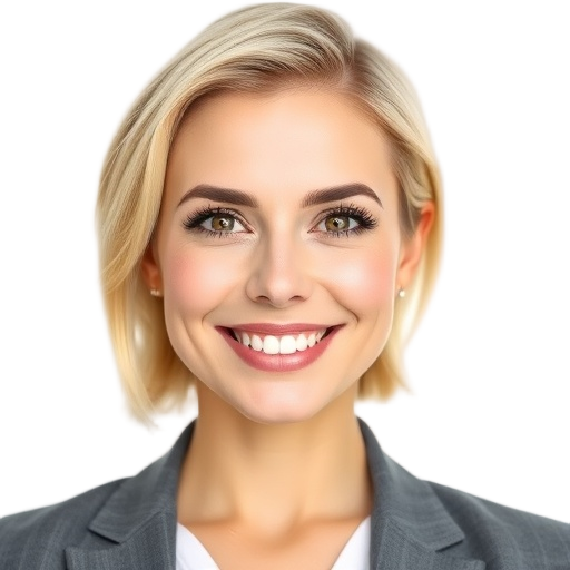 A confident woman smiling warmly at the camera with a white background looking like
